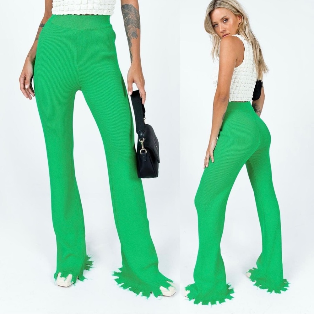 Lioness Princess Polly Anderson Green Rib Knit High-Waist Distressed Hem Pants